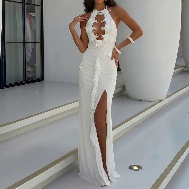 LIZAKOSHT  -  Elegant Sleeveless Embroidery Hollow Long Dress Women Fashion Backless White Party Dresses Sexy Halter Lace-Up Cover-Up Swimsuit
