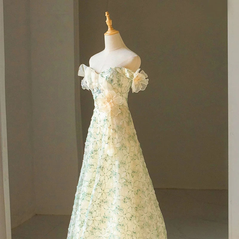 LIZAKOSHT -  Elegant A-line Beige Floral Wedding Dress Off Shoulder Sleeveless Lace Up Midi Prom Gown for Women Vestidos De Noche#18313
