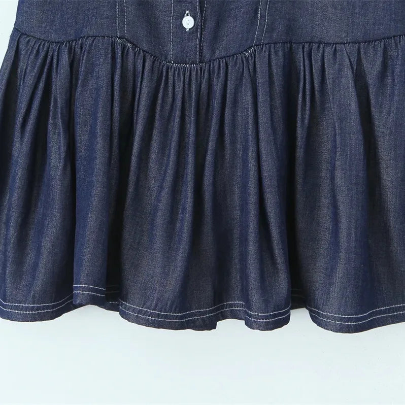 LIZAKOSHT  -  Women Smocked back  Button Christa Denim Mini Dress Blue Denim