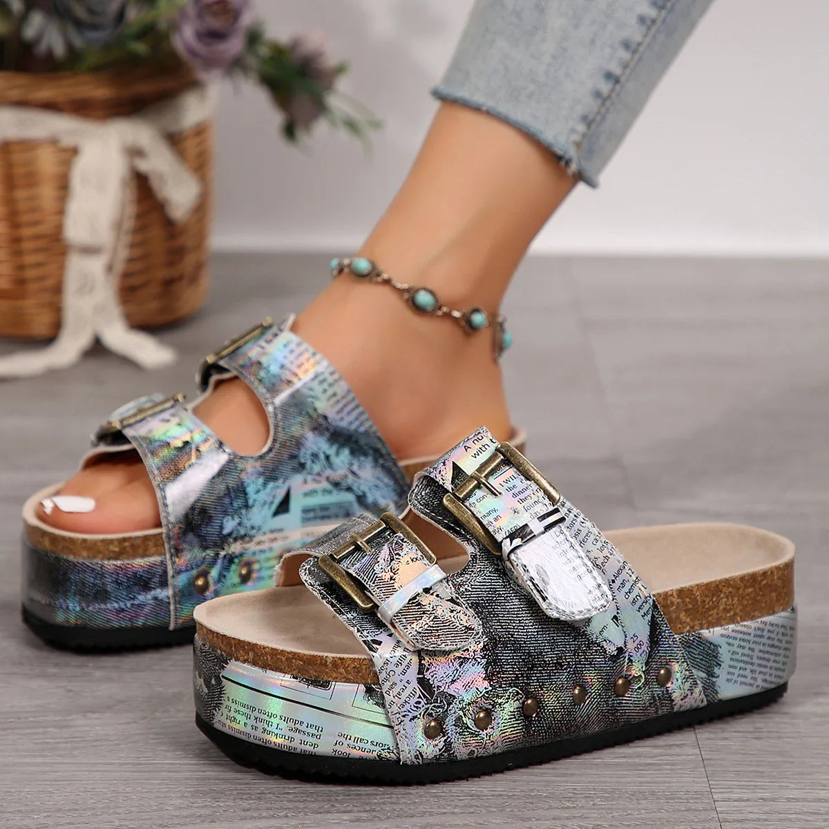 LIZAKOSHT  -  Women Vacation Sandals Retro Open Toe Thick Bottom Slippers Leopard Print Belt Buckle Non-slip Lightweight Large Size Shoes