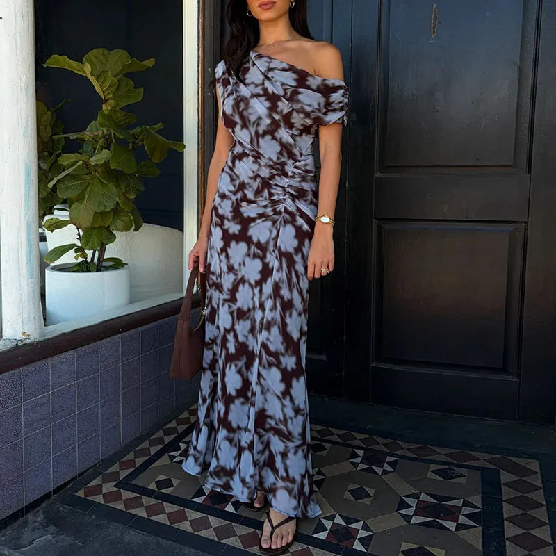 LIZAKOSHT  -  Women Fashion Irregular Hight Waist Holiday Dress Casual Sleeveless Print Party Dress Elegant Slant Shoulder Draped Long Dress