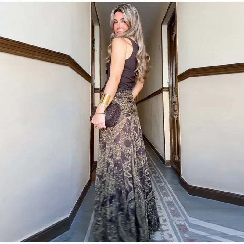 LIZAKOSHT  -  Fashion Print Long Skirt Women High Waist Ankle-length Loose Swing Skirt 2025 Summer Fashion Female Vacation Streewear Outerwear