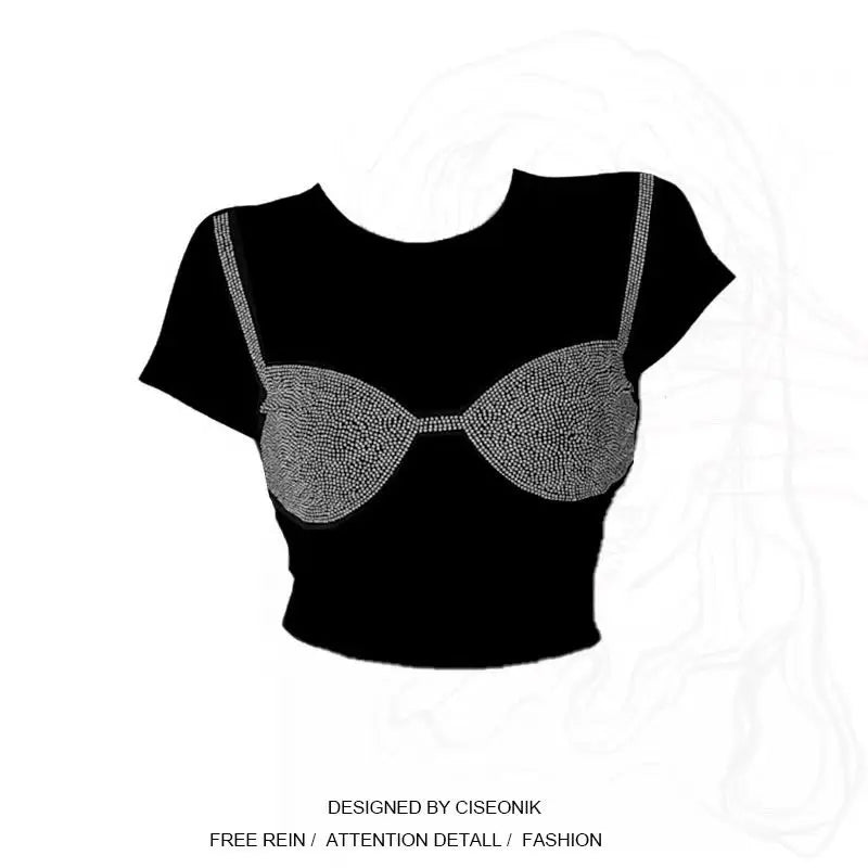 LIZAKOSHT  -  American Spicy Girl Style Rhinestone Bra Long Sleeve Crop Top European Round Neck Navel Exposed Long Sleeve T-Shirt Crop Top