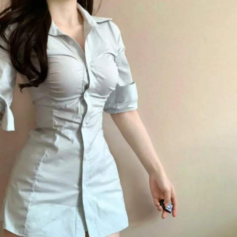 LIZAKOSHT  -  Casual Sexy Solid Color Slimming Smoothing Sexy Shirt Dress for Women Niche Design Sensibility Waist-fitted Mini-length Dress