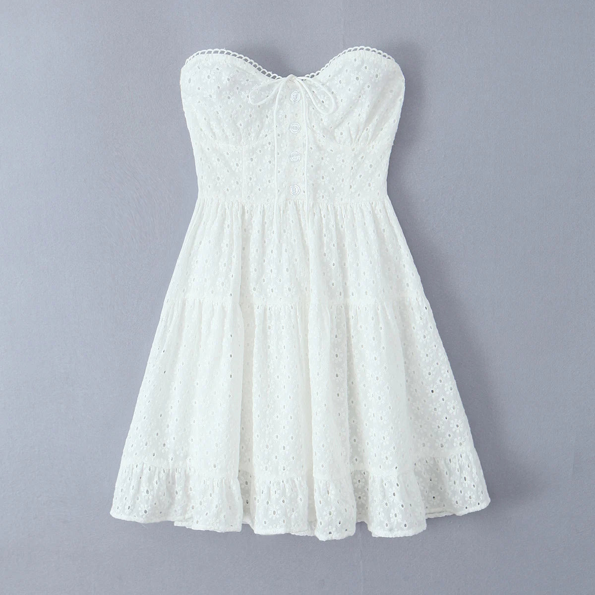 LIZAKOSHT  -  Evening Party Embroideryed Dress Elegant Summer Solid Color White Lace dress Off Shoulder Short Dress Front Tie Back Shirred
