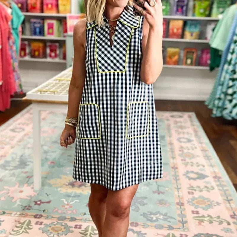 LIZAKOSHT  -  Women Fashion Hight Waist Pocket Loose Mini Dress Sleeveless Casual Party Short Dress Vintage Plaid Splicing A-Line Summer Dress