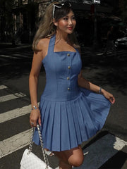 LIZAKOSHT  -  Fashion Pleated Halter Jeans Short Dress For Women Metal Button High Waist Mini Dress Lady Summer New Chic Street Vestidos
