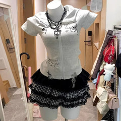 LIZAKOSHT  -  Mini Women's Skirts Japanese Jupe Streetwear Patchwork Lace Plaid Saia Faldas Mujer De Moda A-line Fashion Punk Y2k Skirt