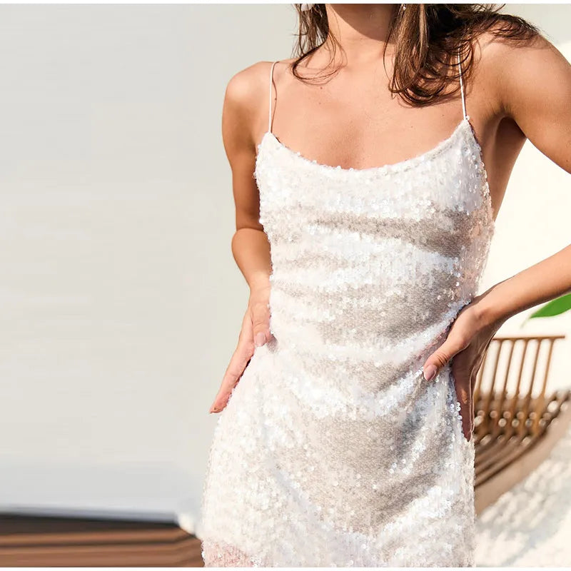 LIZAKOSHT  -  Fashion Solid Sequined Slip Maxi Dress For Women Sexy Sleeveless Backless Floor-length Dress Lady Shinning Evening Vestidos