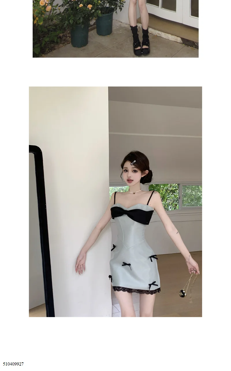 LIZAKOSHT  -  Women's New V-neck Bow Fashionable Solid Color Slim and High-end Birthday Suspender Dress