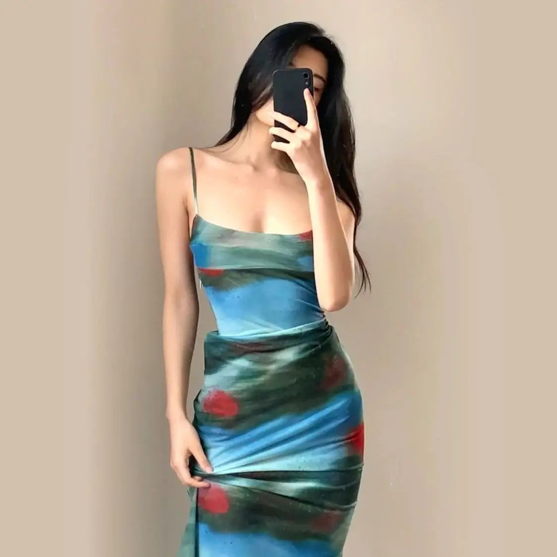 LIZAKOSHT  -  French Retro Dress Figure-hugging Tie-dye Halter Dress Slimming Women Seaside Vacation Fashionable Sexy Stylish Women's Clothing
