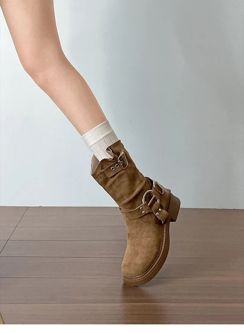 LIZAKOSHT  -  Vintage Low Heel Women Ankle Boots Fashion Belt Buckle Shoes Autumn Winter Short Booties Zapatos De Mujer