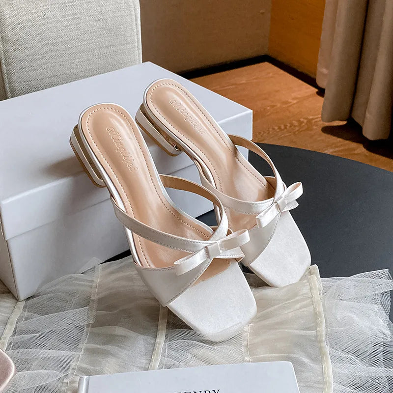 LIZAKOSHT  -  new summer silk slippers women bowtie narrow band sandalias mujer low heel party slides shoes 35-43 big size pink flip flop