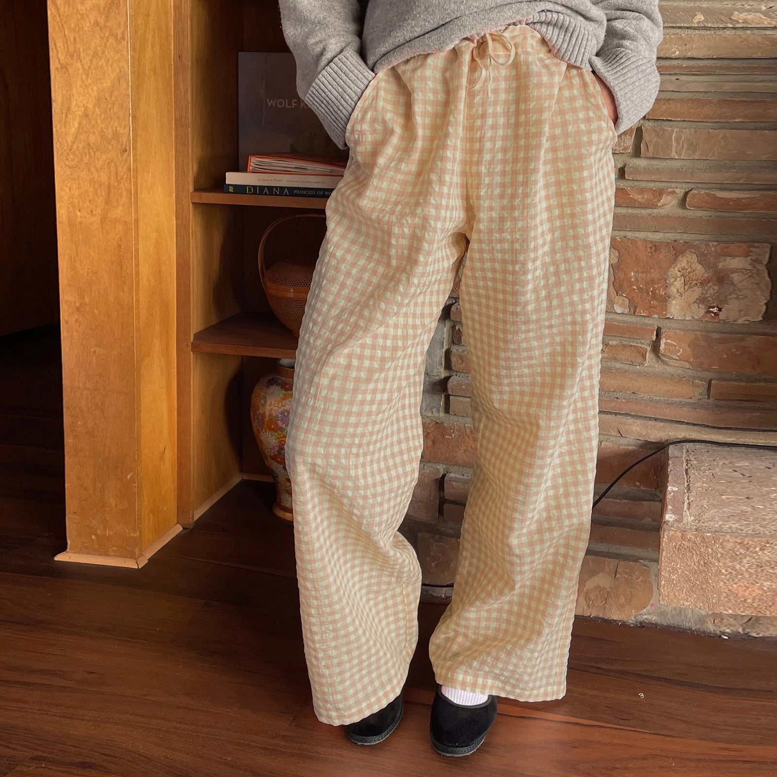 LIZAKOSHT  -  Y2K Vintage Women Girls Striped Plaid Pants Wide Leg Gingham Lounge Pants High Waist Striped Print Pajama Trousers Pants