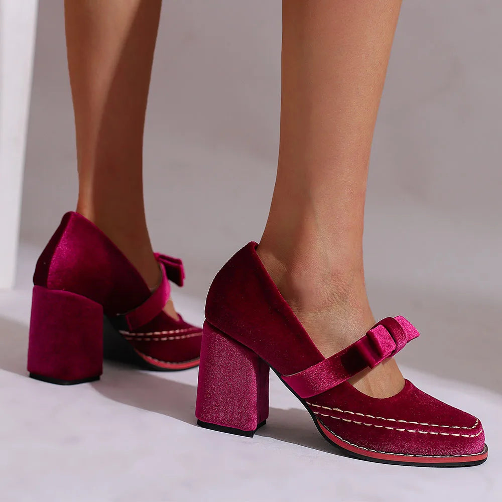 LIZAKOSHT  -  Plus Size 33-48 Retro Burgundy Elegant Office Lady Mary Janes Pumps Vintage Green Square High Heels Shoes with Bow Tie