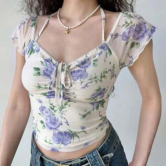 LIZAKOSHT  -  European and American Style Printed Mesh V-neck Short Sleeved T-shirt, Summer Slim Fit, Waistband, Hanging Neck Short Top
