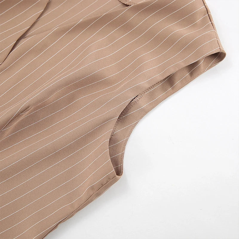 LIZAKOSHT  -  Office Lady Summer Striped Solid V Neck Buttons Sleeveless T-shirt and High Waist Wide Leg Pants Two Piece Sets For Women
