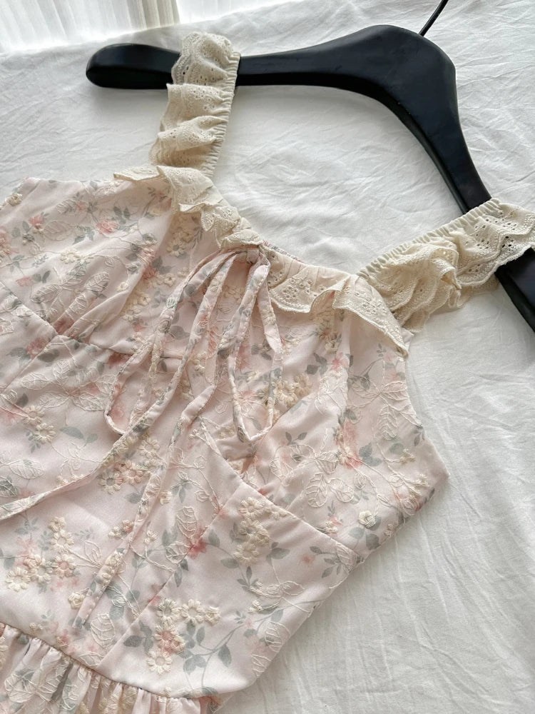 LIZAKOSHT  -  Summer French Elegant Mori Girl Style Long Dress Women Flying Sleeve Lace-Up Print Slim Dress Sweet Cute Casual Clothing