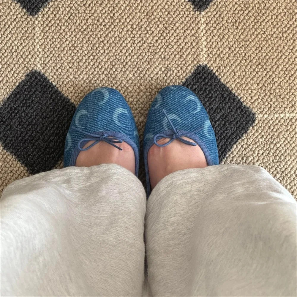 LIZAKOSHT  -  New Cute Moon Print Office lady Square Med Heels Shoes Women Lovely Ballet Style Shoes Denim blue Slip-on Pumps