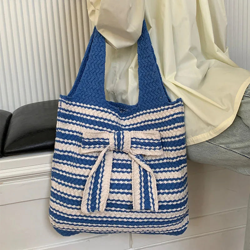 LIZAKOSHT  -  Japanese Gentle Y2k Knitted Shoulder Tote Bags Sweet Casual Contrast Color Underarm Bag Vintage Striped Women Shopping Handbags