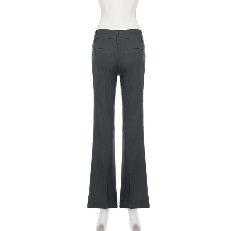 LIZAKOSHT  -   Women Low Waist Flare Suit Pants Double Button Slim Bootcut Trousers Solid Dark Gray Vintage Office Business Casual Streetwear