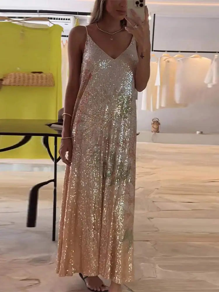 LIZAKOSHT Women Flower Print Sequins Maxi Dress Fashion Summer Sleeveless A-line V-neck Vestidos Female Elegant Vacation Beach Long Robe