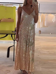 LIZAKOSHT Women Flower Print Sequins Maxi Dress Fashion Summer Sleeveless A-line V-neck Vestidos Female Elegant Vacation Beach Long Robe