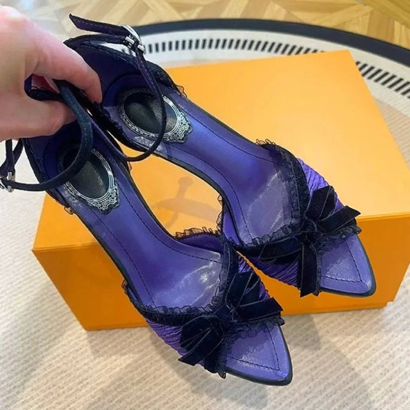 LIZAKOSHT  -  Sexy Lace Bowknot High Heels Women Pleated Designer Sandals Female Satin Pointed Toe Pumps Banquet Party Shoes Ladies