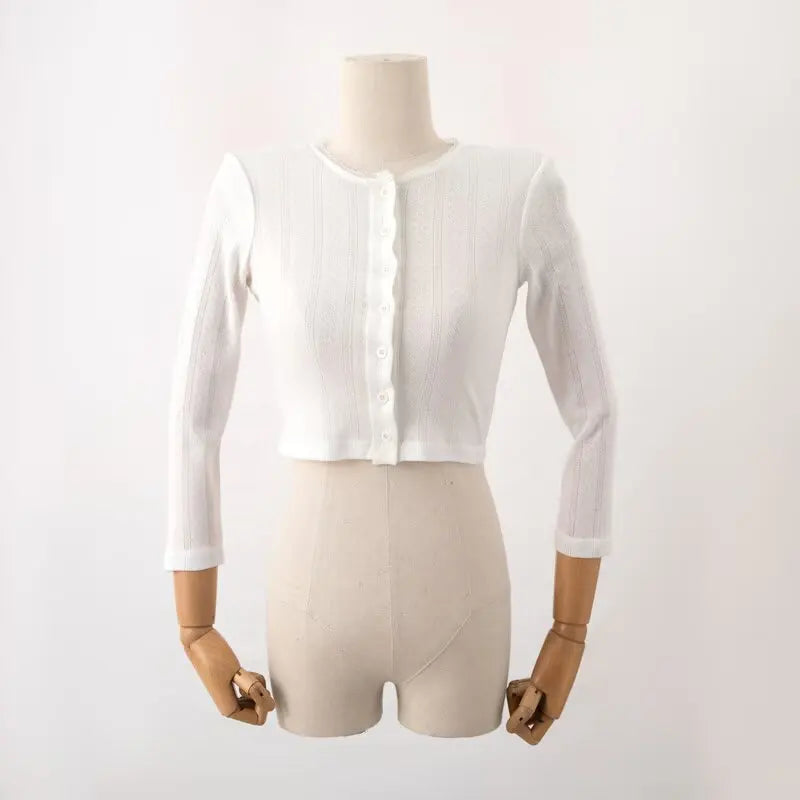 LIZAKOSHT  -  Early Autumn Short Hollow out Lace Trim Long Sleeve round Neck Single Button Open Cardigan Women's T-shirt Cotton Blend