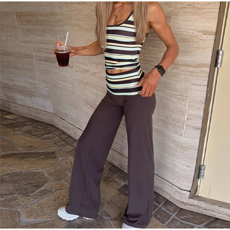 LIZAKOSHT  -  U-Neck Striped Two-Piece Set Stretchy Top Low-Rise Wide Leg Soft Textile Summer Trendy Vacation Women Y2K Casual Suit