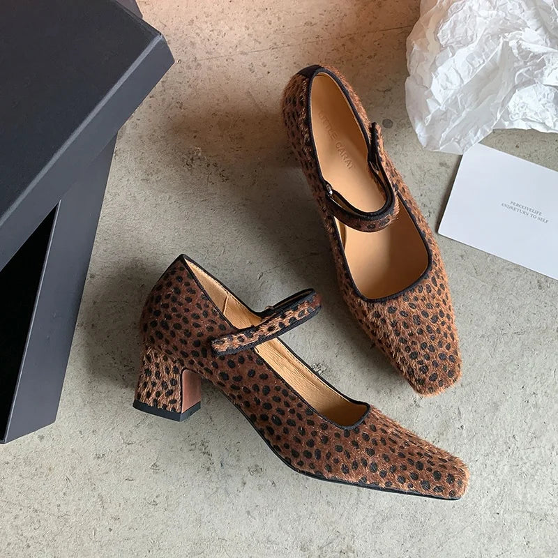 LIZAKOSHT  -  Fashion Pumps High Quality Square Head Shallow Mouth Thick Heel Leopard Pattern High Heels Mary Janes Women Heels Shoes