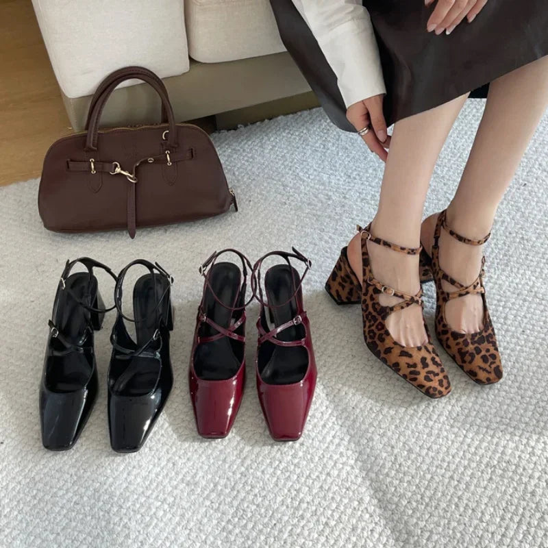 LIZAKOSHT  -  Fashion Fashion Mary Jane Shoes Women Retro Elegance Chunky Slingback Shoes Belt Buckle Leopard Print High Heeled Sandals Women