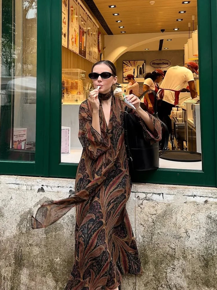 LIZAKOSHT  -  Fashion Boho Floral Print Maxi Dress For Women Elegant V-neck Long Sleeve A-line Dress With Scarf Lady Spring Chic Robes