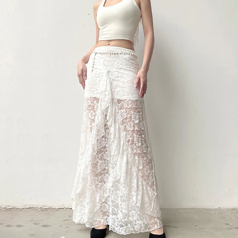 LIZAKOSHT  -  Fashion Irregular Lace See Through Long Skirt For Women Rose Jacquard Tassel Patchwork High Waisted Skirt Female Summer