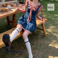 LIZAKOSHT  -  Sweet red plaid contrast temperament bow dress female summer new fake two-piece puff sleeves waist pleated stitching skirt