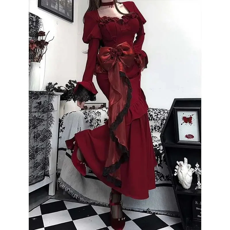 LIZAKOSHT  -  Gothic French Hepburn Style Retro Velvet Dress for Women's New Spring Design Y2K Dark Vintage Punk High Waist Long Dresses