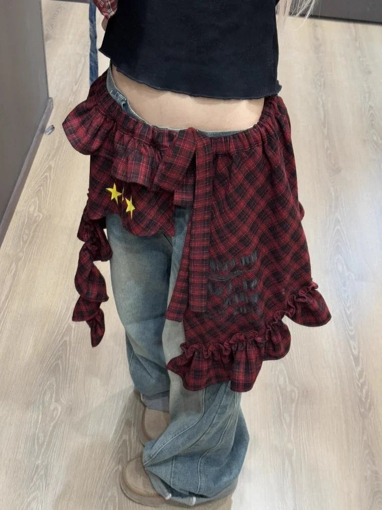LIZAKOSHT  -  Y2k Aesthetic Plaid Irregular Ruffled Skirts Vintage Women Streetwear Letter Print Faldas Harajuku Grunge Casual Bandage Skirt