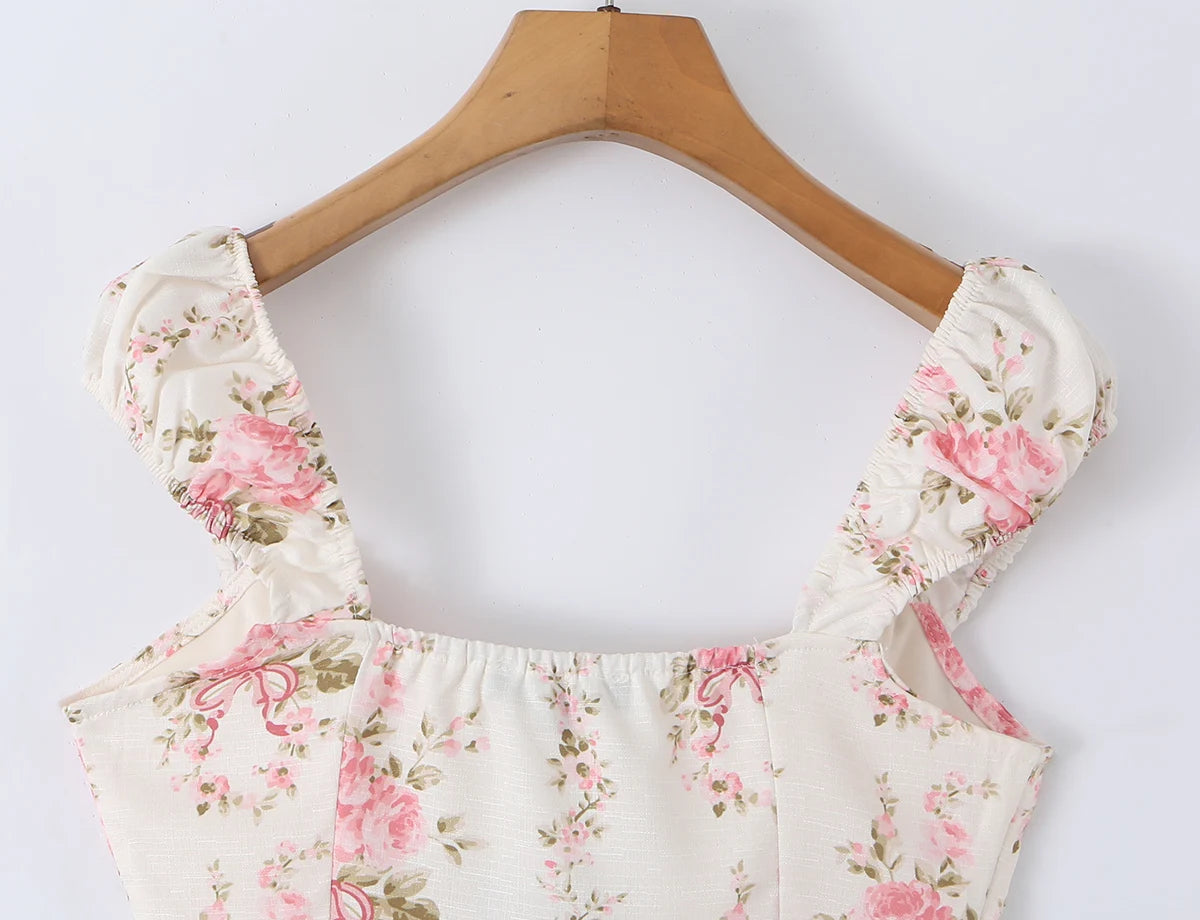 LIZAKOSHT  -  Sexy Pink Floral Print Bow Collar Elastic Strap Tank Top Slim Corset Women Lacing up Sashes Back Lace Hem Side Zipper Crop Vest