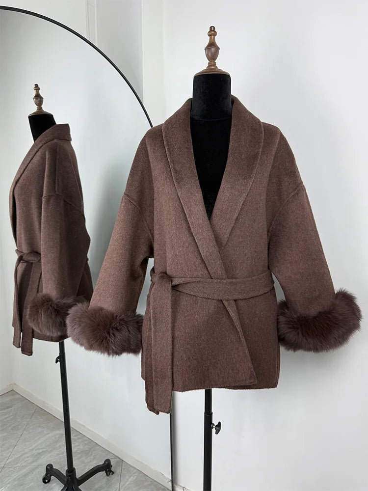 LIZAKOSHT  -  Fox Fur Woolen Women's 2025 Autumn Coat Fashion Patchwork Double-Sided Wool Overcoat Commuter New Elegant Office Jacket
