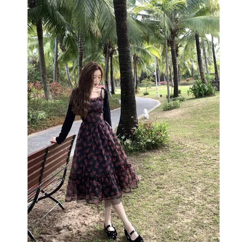 LIZAKOSHT  -  Summer Black Slip Dress Off Shoulder Printing Patchwork Midi Dresses  Temperament Women Clothing Floral Holiday Beach Dress