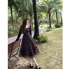 LIZAKOSHT  -  Summer Black Slip Dress Off Shoulder Printing Patchwork Midi Dresses  Temperament Women Clothing Floral Holiday Beach Dress