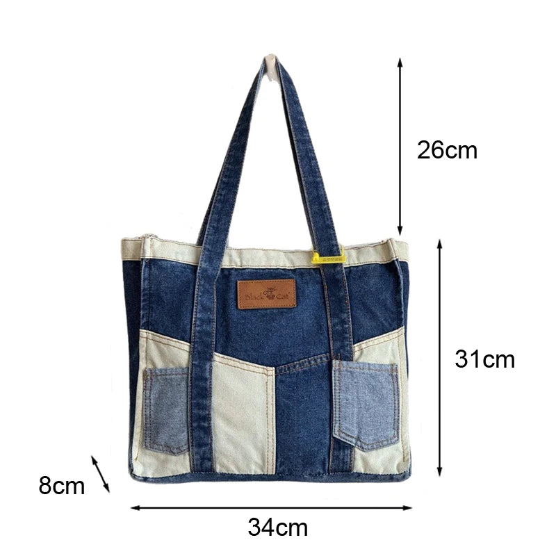 LIZAKOSHT  -  Women's Cowboy Shoulder Bag Shopping Bags Splicing Denim Handbag Fashion Simple Tote