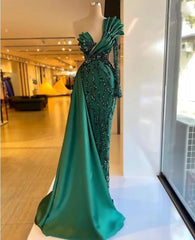 LIZAKOSHT  -  One Shoulder Mermaid Prom Dresses Long Sleeve Full Beaded Lace Stain Hunter Green Aso Ebi Evening Eneagament Dress