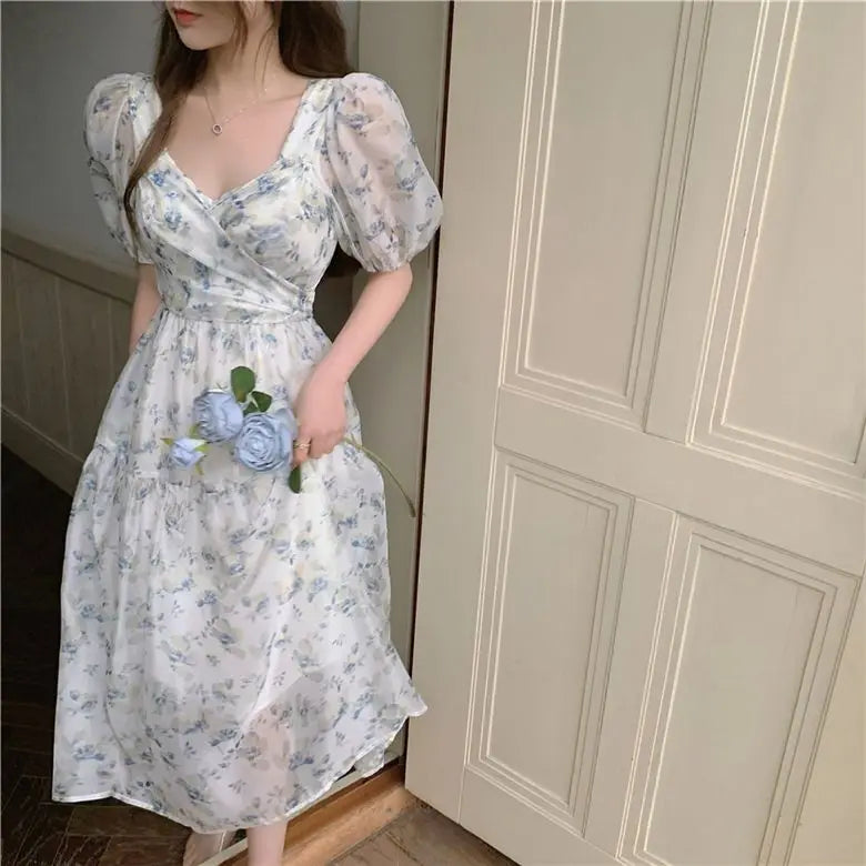 LIZAKOSHT  -  Korean Floral Dress Women Elegant Square Collar Woman Dresses Fashion Puff Sleeve Holiday Dresses Ladies Fairy Sundress Vestidos