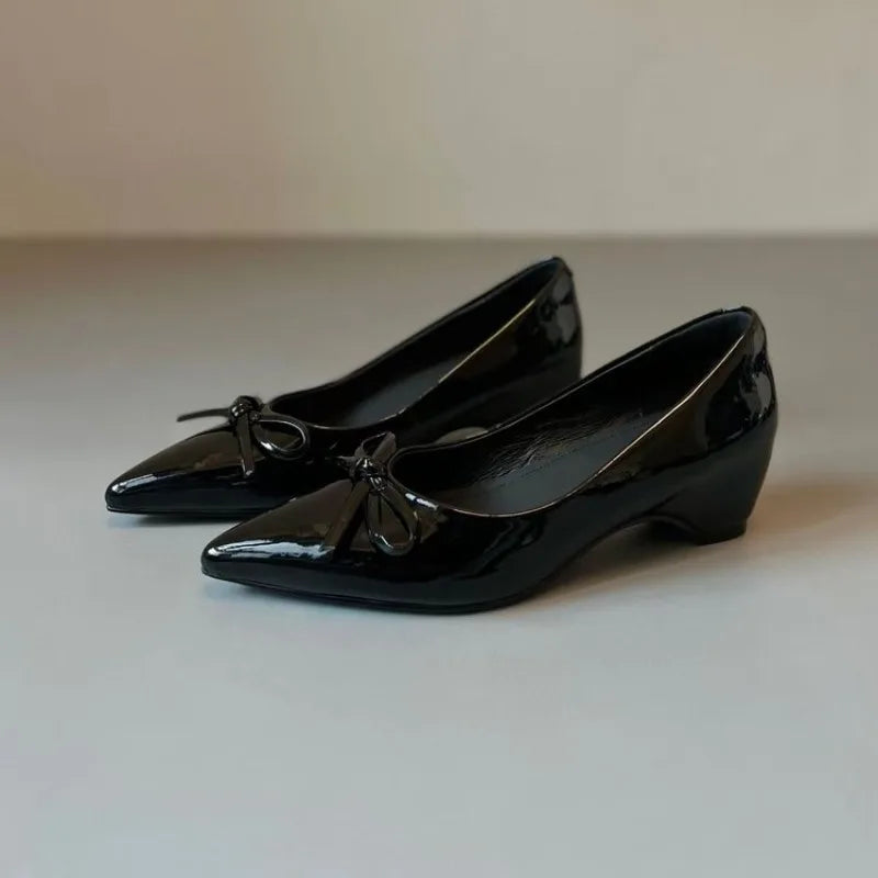 LIZAKOSHT  -  French Mary Jane High Heels Women Pointed Toe Patent Leather Shallow Mouth Bow knot Elegant Dress Pumps Zapatos Mary Jane