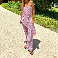 LIZAKOSHT  -  Summer Hawaii Casual Vacation Two Piece Sets Elegant Women Simple Set Fashion Tube Top Pattern Printed Irregular Tops&Pants Sets