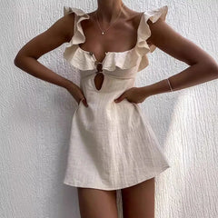 LIZAKOSHT  -  High Street Solid Buttoned Hollow Out Nightclub Dress Women Square Collar Mini Dress Sexy Lotus Edge Suspender Short Dress