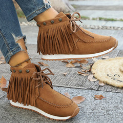 LIZAKOSHT  -  Trendy Womens Tassel Ankle Boots Brown Faux Suede Lace Up Flat Booties Woman Comfort Solid Color Casual Short Botas Mujer