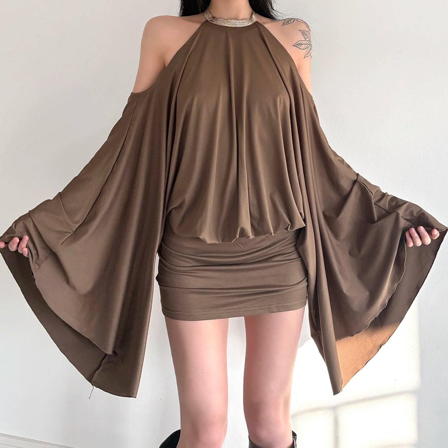 LIZAKOSHT  -  New European and American Hot Girl Style Strapless Backpack Hip Sexy Loose Bat Sleeve Dress Design Halter Neck Skirt