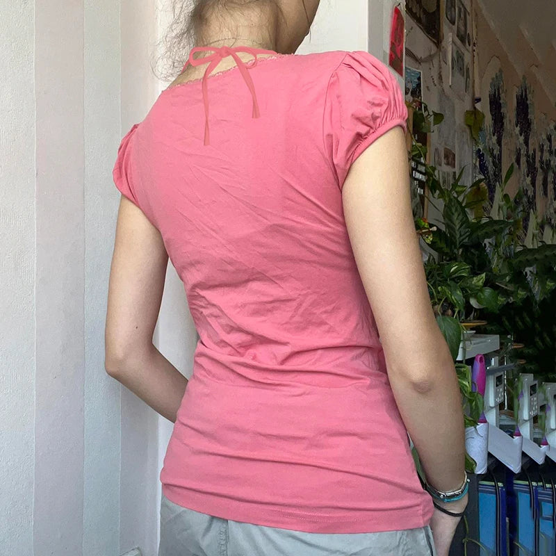 LIZAKOSHT  -  Beaded Halter-neck Top Pink Brown Color Elegant Fashion Slim-fitting T-shirt French Style Chest Folds Clothes Summer